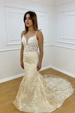 Beautiful V-neck Spaghetti Straps Sleeveless Mermaid Wedding Dress With Lace-misshow.com
