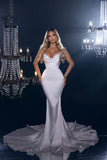 Beautiful V-neck White Sleeveless Mermaid Wedding Dress With Ruffles