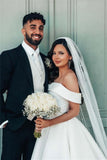 Beautiful White A-line Off-the-shoulder Satin Wedding Dress-misshow.com