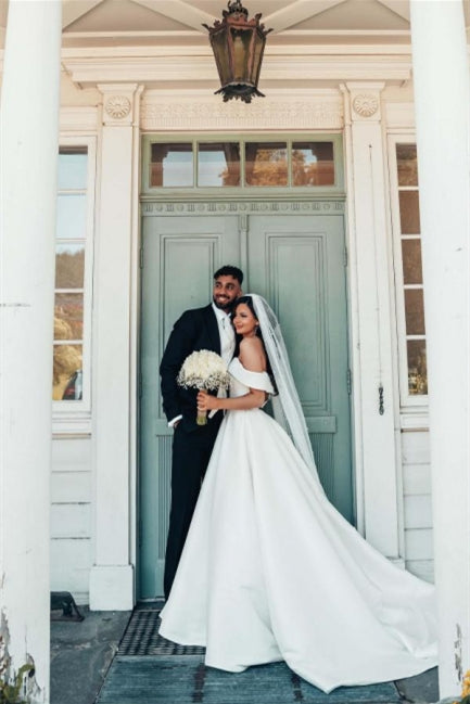 Beautiful White A-line Off-the-shoulder Satin Wedding Dress-misshow.com