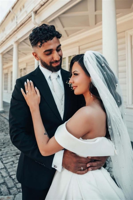Beautiful White A-line Off-the-shoulder Satin Wedding Dress-misshow.com