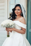 Beautiful White A-line Off-the-shoulder Satin Wedding Dress-misshow.com