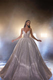 Beautiful White A-line Spaghetti Straps V-neck Wedding Dress With Lace-misshow.com