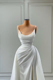 Beautiful White Long A-line Spaghetti Straps Wedding Dresses With Beads-misshow.com