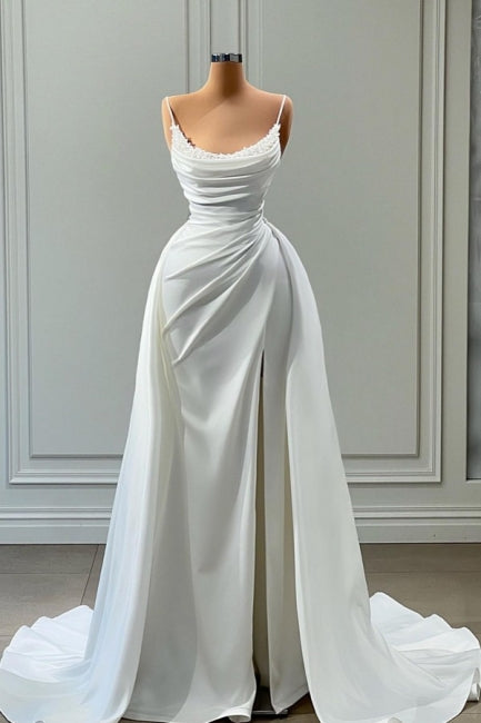 Beautiful White Long A-line Spaghetti Straps Wedding Dresses With Beads-misshow.com