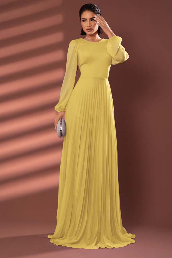 Chiffon Jewel Neck Long Sleeves Long Formal Dress With Pleated