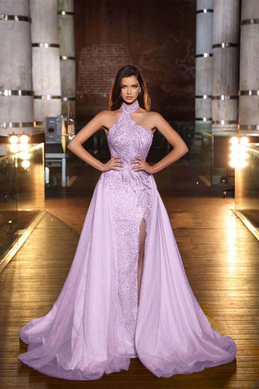 Purple Halter Mermaid Formal Dress Tulle Ruffles With Split Appliques