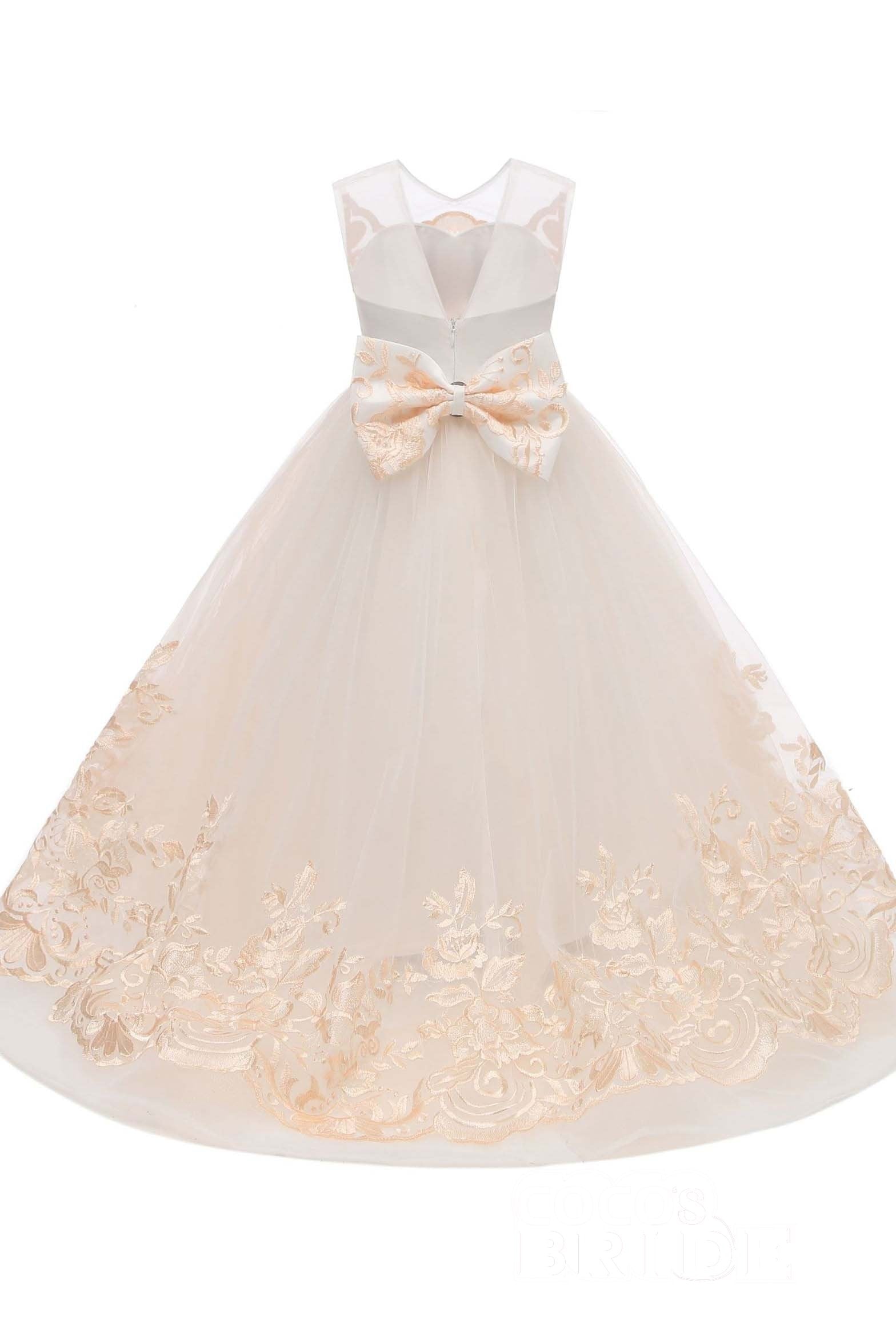 Beige Scoop Neck Sleeveless Ball Gown Flower Girls Dress-misshow.com