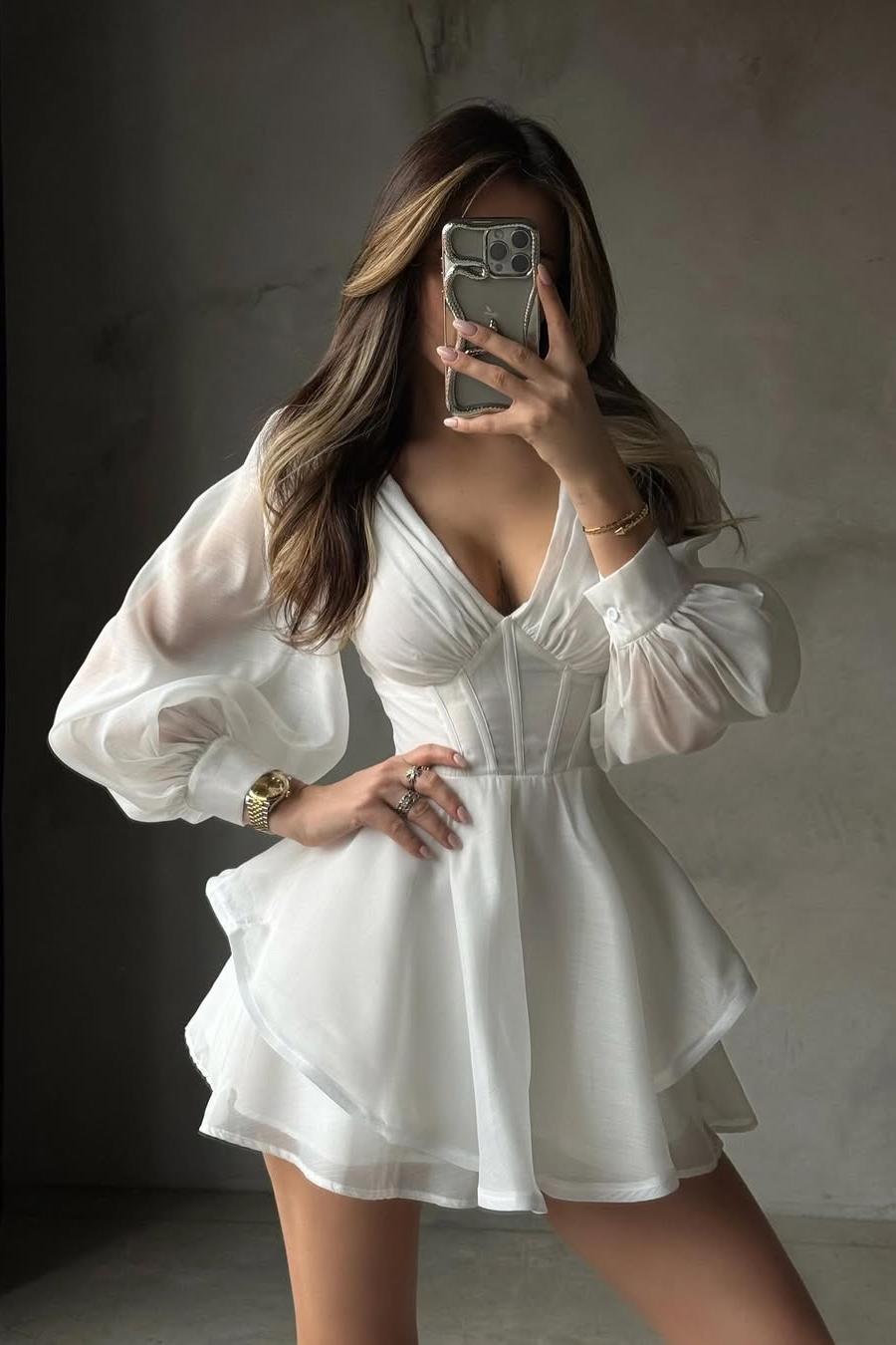 White Long Sleeves V Neck Short Formal Dress With Ruffles Pleated