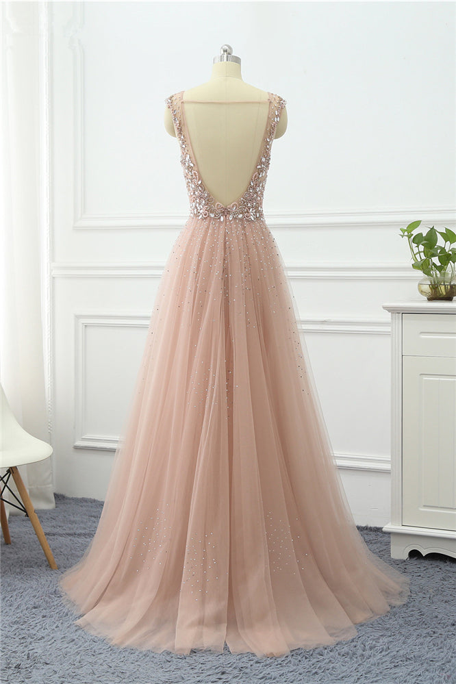 Straps V Neck Sleeveless Tulle A Line Formal Dress Long With Beading