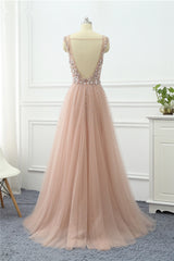 Straps V Neck Sleeveless Tulle A Line Formal Dress Long With Beading