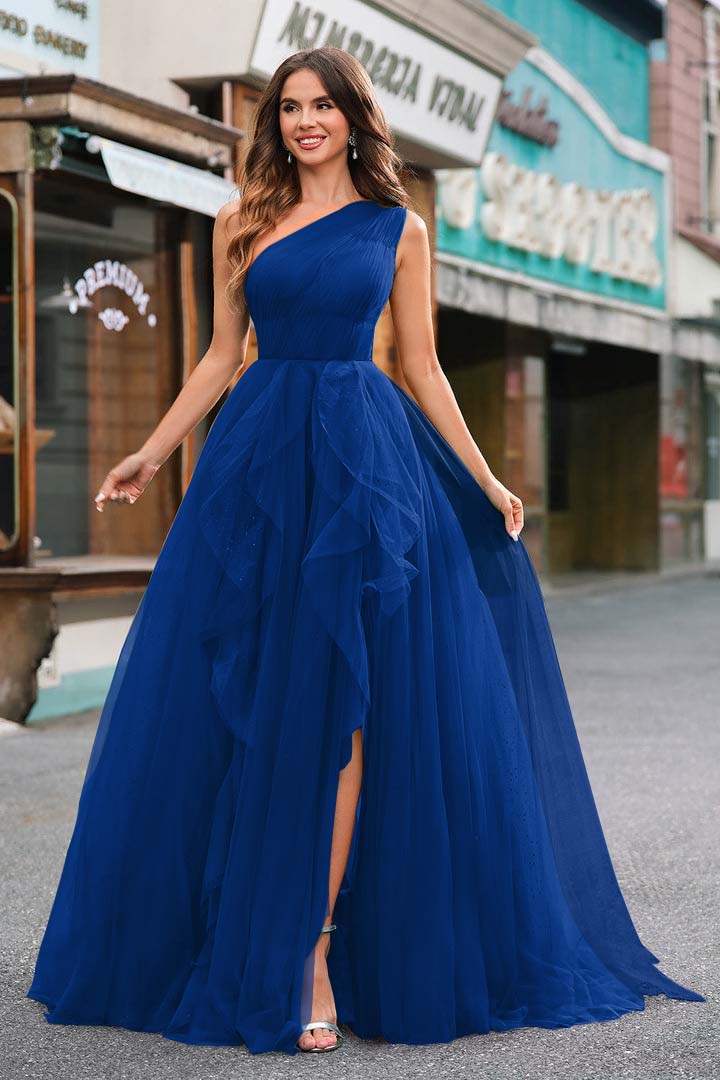 One Shoulder Sleeveless Long Split Formal Dress With Sequins Tulle