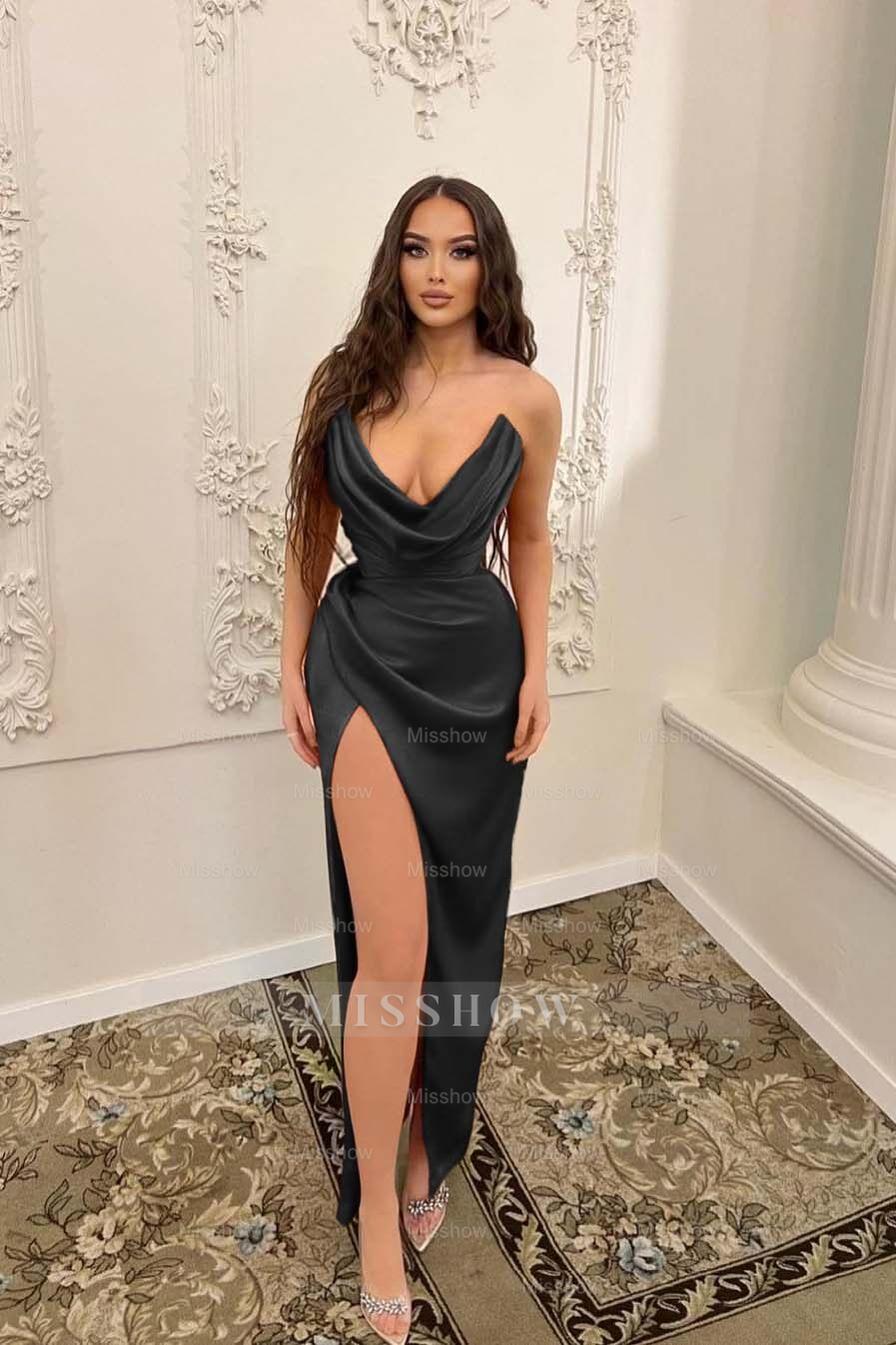 Sleeveless Strapless Long Mermaid Split Formal Dress With Pleated