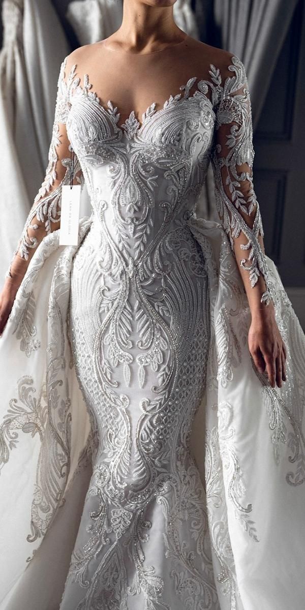Luxury Long White Mermaid Lace Long Sleeves Wedding Dress With Detachable Train