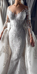 Luxury Long White Mermaid Lace Long Sleeves Wedding Dress With Detachable Train