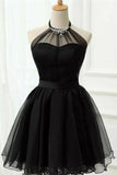 Black A-Line Tulle Halter Sleeveless Short Prom Dresses
