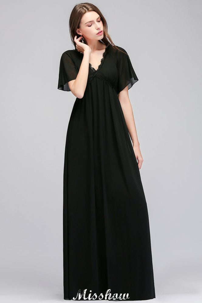 Black Chiffon A-Line Bridesmaid Dress V-Neck Floor Length | MisShow Black Chiffon A-Line Bridesmaid Dress V-Neck Floor Length | MisShow