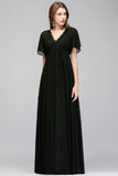 Black Chiffon A-line Bridesmaid Dress V-Neck Floor Length
