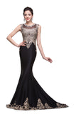 Black Crew Sweep-length Appliqued Mermaid Prom Dresses