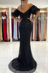 Black Evening Dresses in Long Glitter | Prom Evening Dresses with sleeves-misshow.com