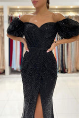 Black Evening Dresses in Long Glitter | Prom Evening Dresses with sleeves-misshow.com