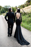 Black Long Sleeves Mermaid Wedding Dress with Sweep Train-misshow.com