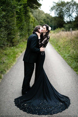 Black Long Sleeves Mermaid Wedding Dress with Sweep Train-misshow.com
