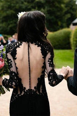 Black Long Sleeves Mermaid Wedding Dress with Sweep Train-misshow.com