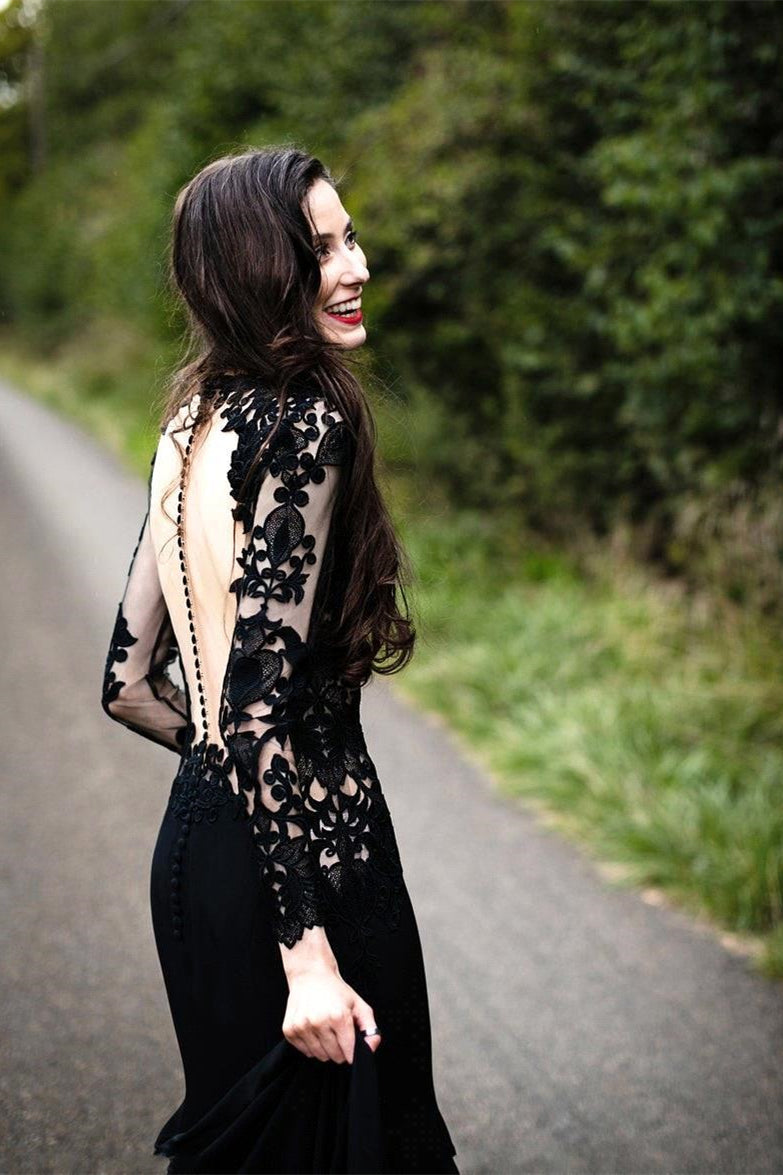 Black Long Sleeves Mermaid Wedding Dress with Sweep Train-misshow.com