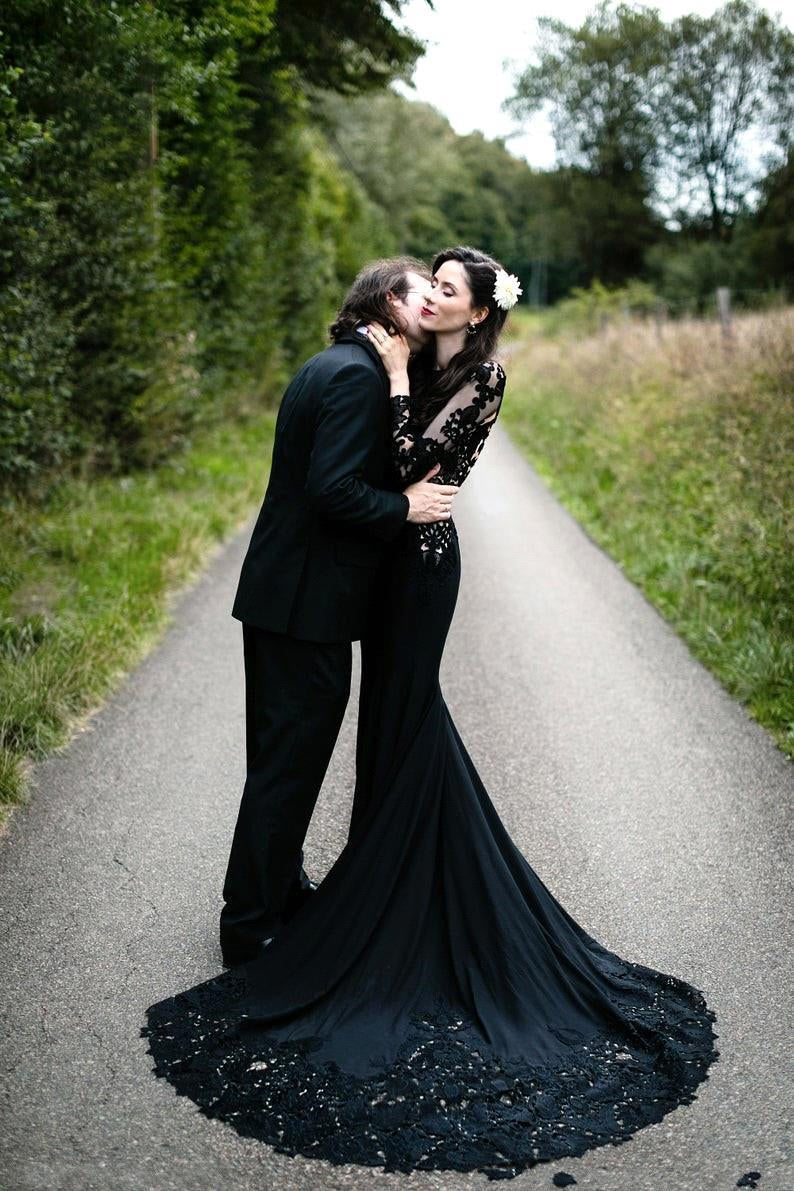 Black Long Sleeves Mermaid Wedding Dress with Sweep Train-misshow.com