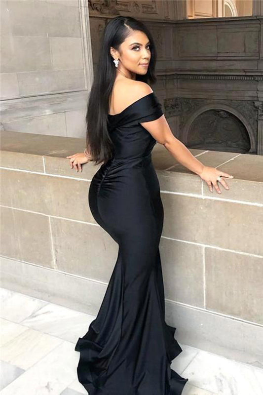 Black Off-the-shoulder Floor-length Backless Mermaid Prom Dress-misshow.com