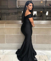 Black Off-the-shoulder Floor-length Backless Mermaid Prom Dress-misshow.com