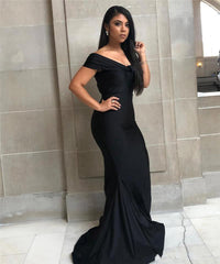 Black Off-the-shoulder Floor-length Backless Mermaid Prom Dress-misshow.com