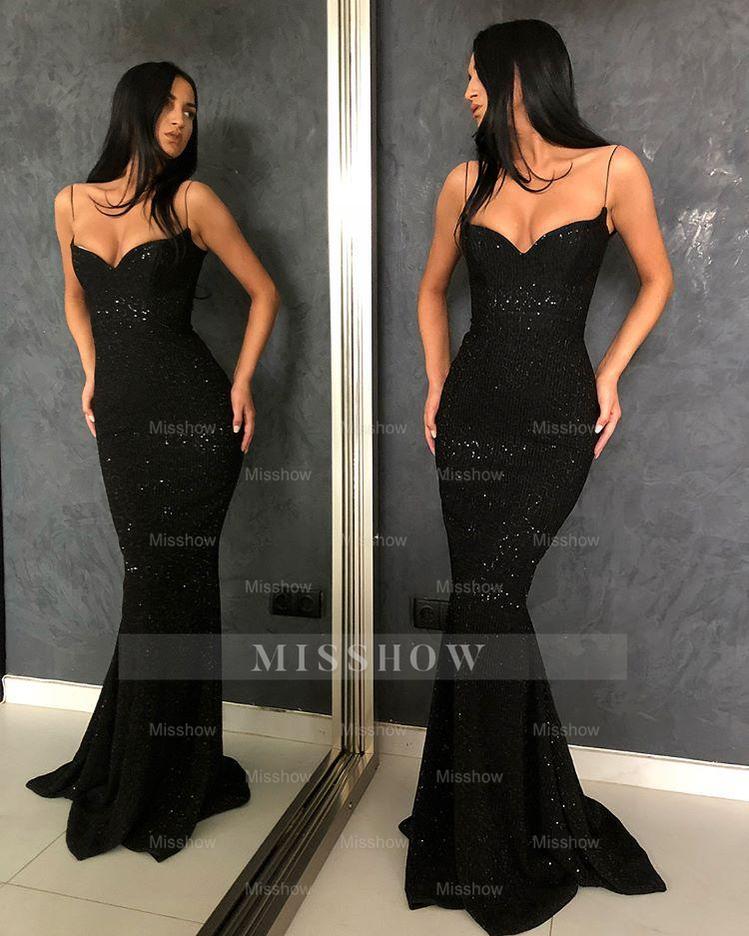 black sheath spaghetti straps open back sequins prom dresses Black Sheath Spaghetti Straps Open Back Sequins Prom Dresses