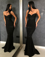 Black Sheath Spaghetti Straps Open Back Sequins Prom Dresses-misshow.com