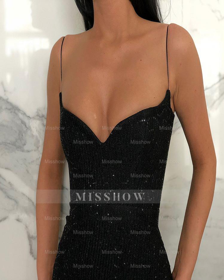 Black Sheath Spaghetti Straps Open Back Sequins Prom Dresses misshow.com Black Sheath Spaghetti Straps Open Back Sequins Prom Dresses misshow.com