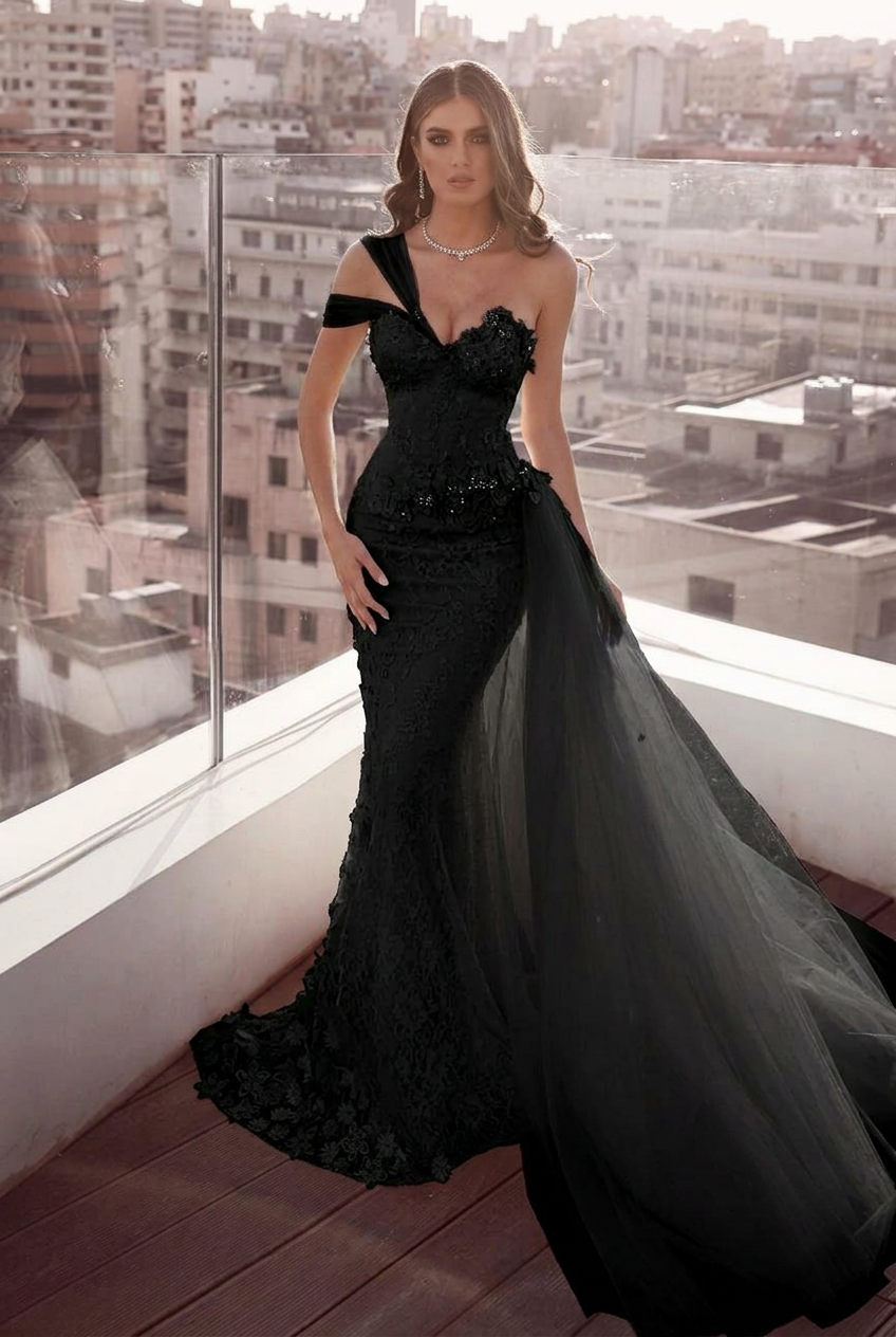 Black sweetheart pearl mermaid wedding dress