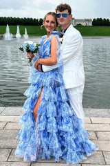 Blue Floral Printed V-neck A-Line Ruffled Long Prom Dress with Slit