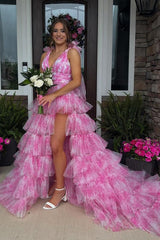 Blue Floral Printed V-neck A-Line Ruffled Long Prom Dress with Slit