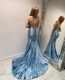 Blue Long Mermaid Evening Dresses with Glitter Criss-cross Straps Prom Dresses-misshow.com