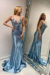 Blue Long Mermaid Evening Dresses with Glitter Criss-cross Straps Prom Evening Dresses-misshow.com