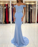 Blue Off-the-shoulder Long Mermaid Prom Dresses With Lace-misshow.com