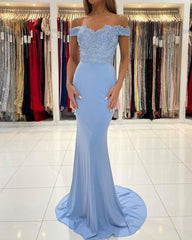 Blue Off-the-shoulder Long Mermaid Prom Evening Dresses With Lace-misshow.com