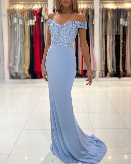 Blue Off-the-shoulder Long Mermaid Prom Evening Dresses With Lace-misshow.com