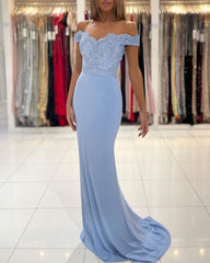 Blue Off-the-shoulder Long Mermaid Prom Evening Dresses With Lace-misshow.com