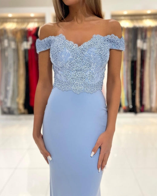 Blue Off-the-shoulder Long Mermaid Prom Evening Dresses With Lace-misshow.com