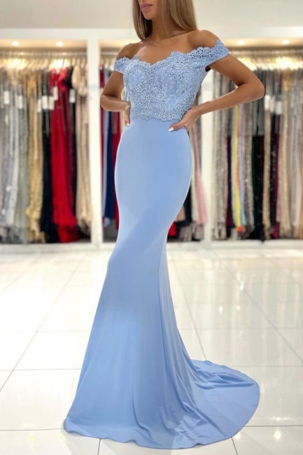 Blue Off-the-shoulder Long Mermaid Prom Evening Dresses With Lace-misshow.com