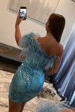 Blue One Shoulder Sleeveless Short Homecoming Dresses With Feathers-misshow.com