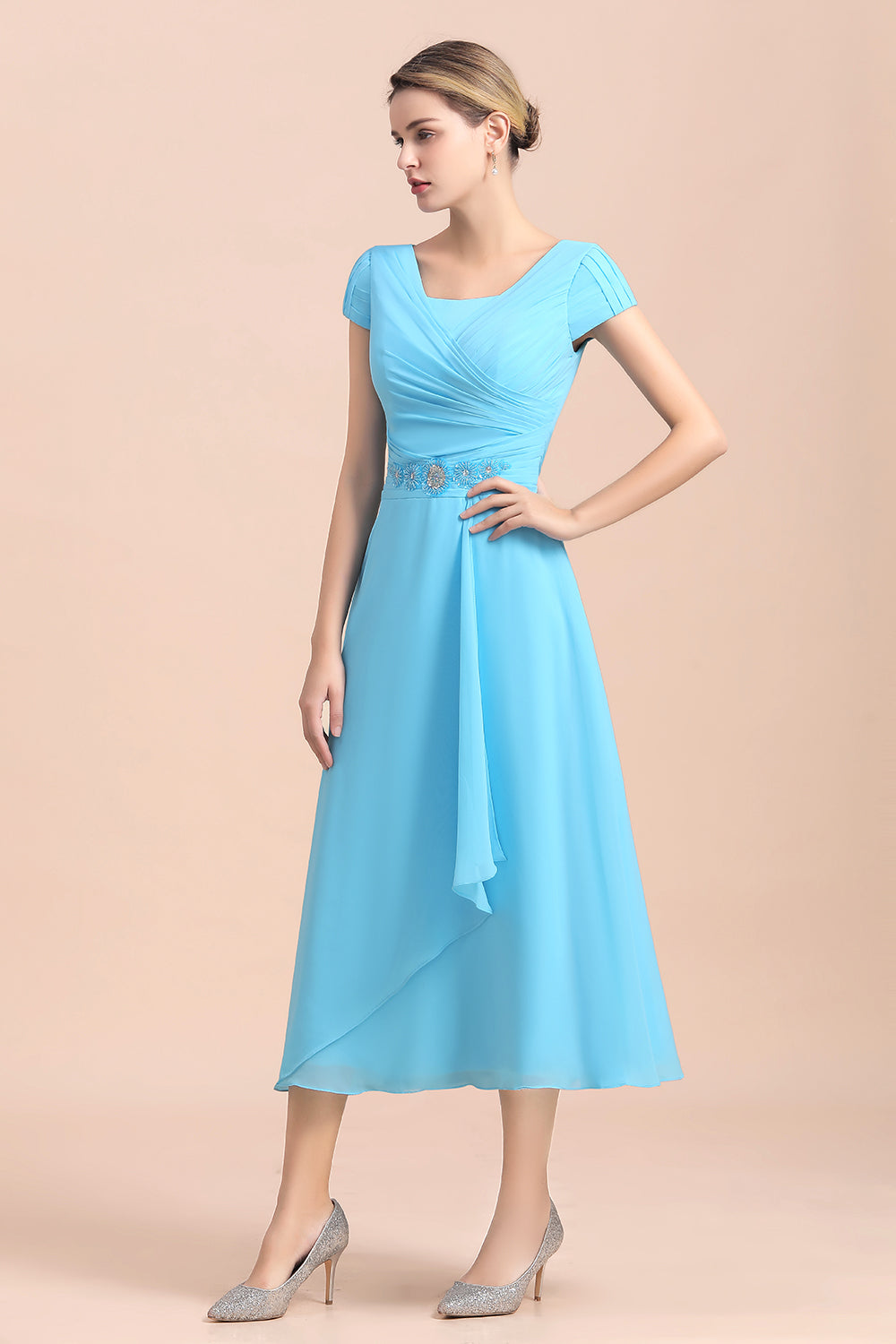Blue Short Sleeves Chiffon Mother of the Bride Dress Tea-Length Online-misshow.com