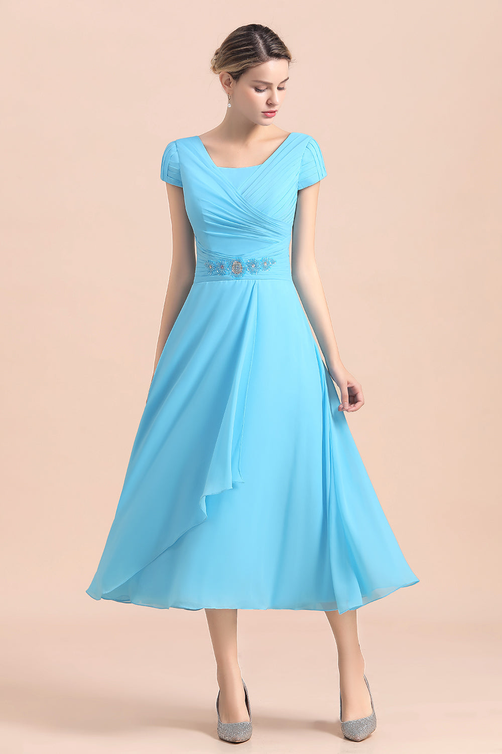 Blue Short Sleeves Chiffon Mother of the Bride Dress Tea-Length Online-misshow.com